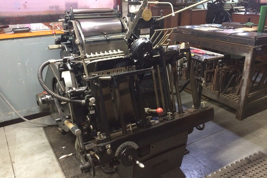 The studio's Heidelberg platen press, seen from the front left