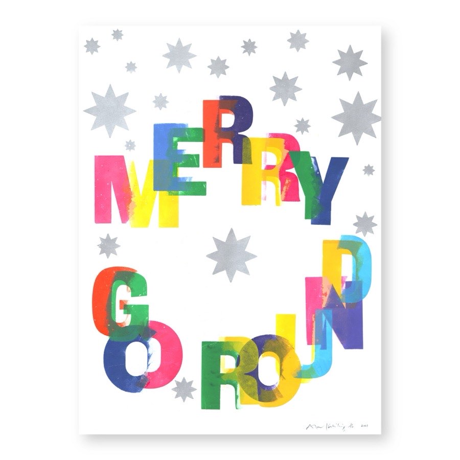 A colourful hand-printed poster with overlapping letterforms and silver stars