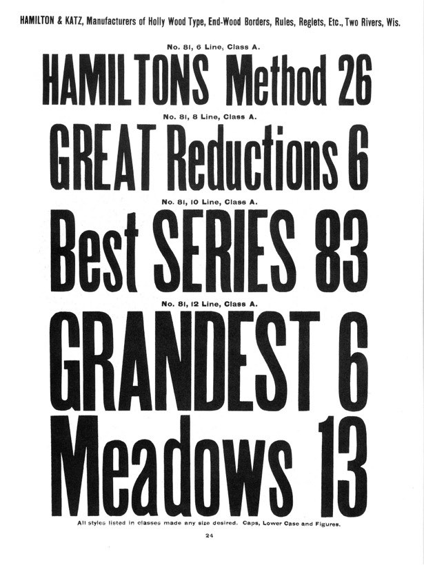 A printed wood type specimen sheet showing condensed letterforms