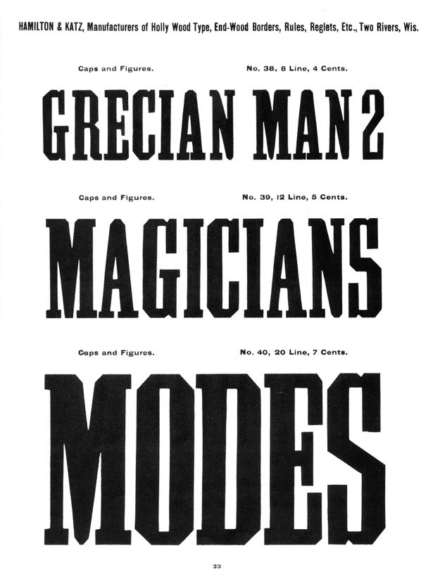 A specimen sheet printed with heavy Grecian type