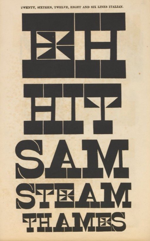 A reverse-contrast wood type specimen printed on buff paper
