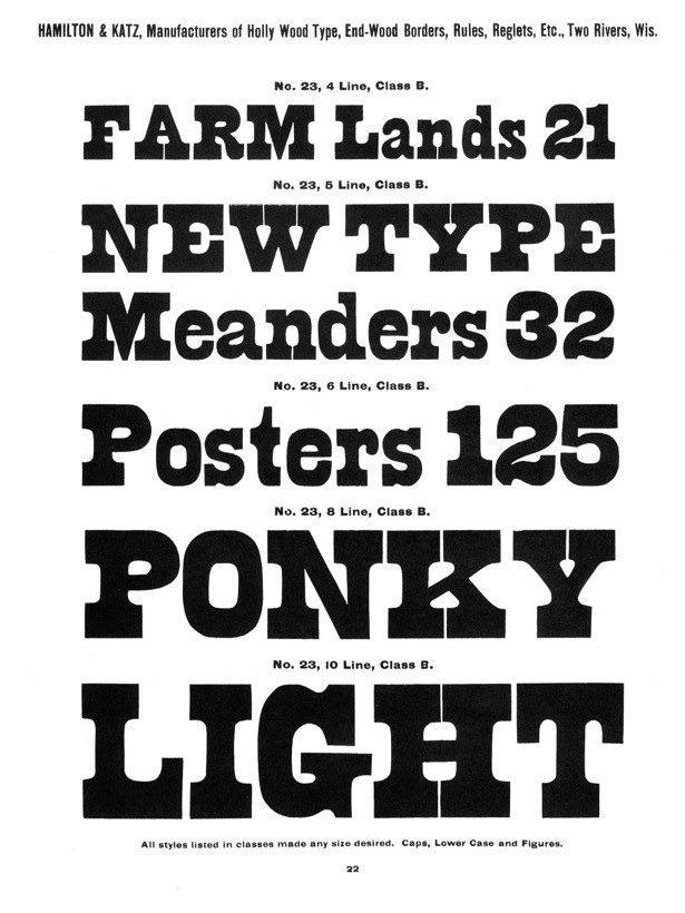 A specimen sheet printed with large slab serif letterforms